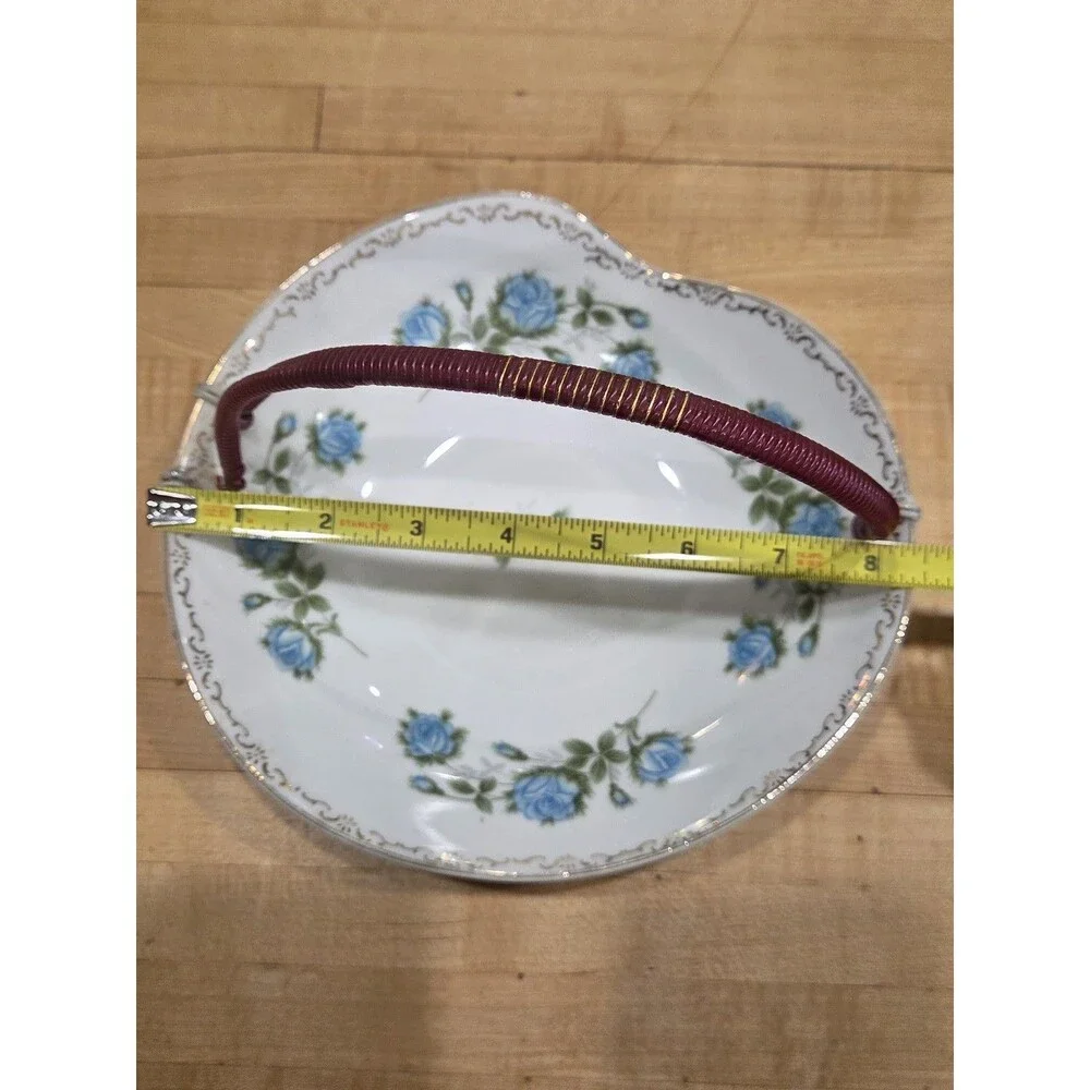 Vintage Porcelain Bon Bon Dish Wicker Handle Blue Roses Gilt Rim As Is